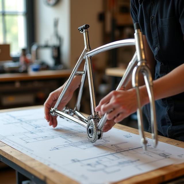 Un designer che lavora su un telaio di bicicletta con schizzi Bauhaus