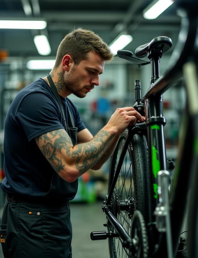 Meccanico esperto al lavoro su una bicicletta di design